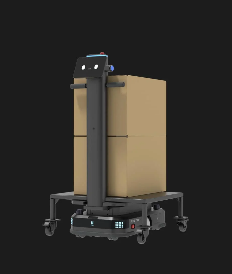 PUDU T300 industrial autonomous mobile robot with load cart